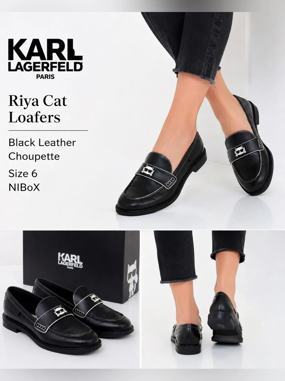 Karl Lagerfeld Paris Riya Cat Loafers Black Leather Choupette Size 6 NIBox